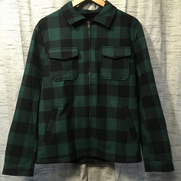 Green Plaid Lightweight Jacket, Faux Fur Lining - Picture 1 of 3